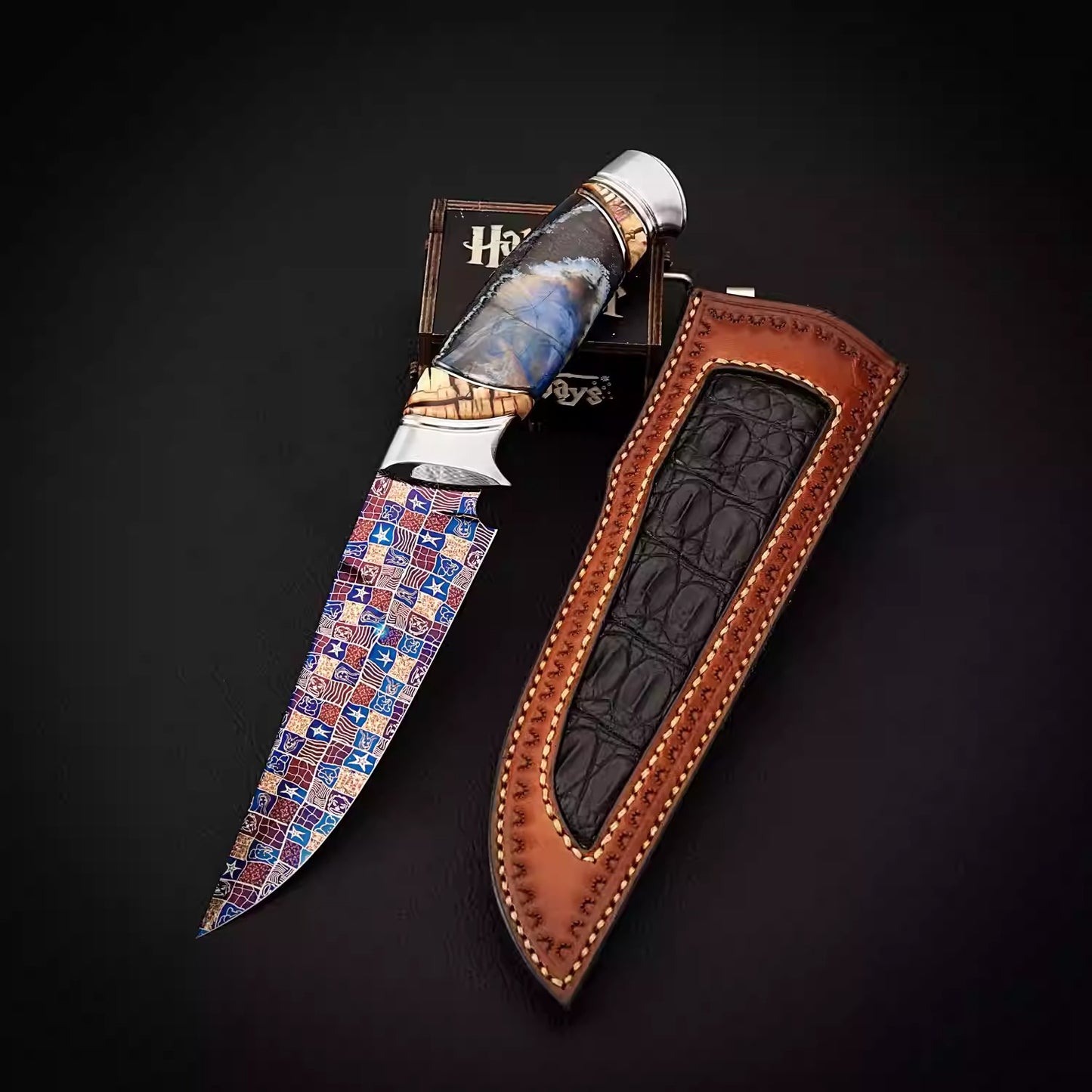 BILIDC Handmade Forged Mosaic Damascus Steel Straight Knife