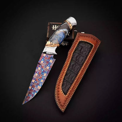 BILIDC Handmade Forged Mosaic Damascus Steel Straight Knife