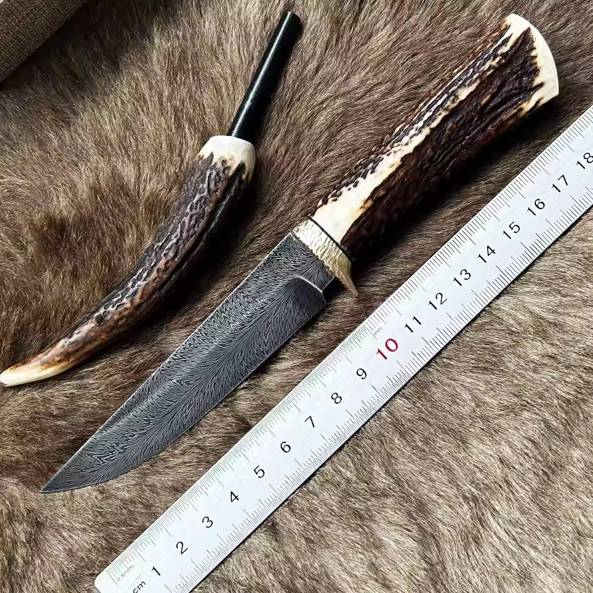 Damascus Feather Pattern Deer Antler Outdoor Camping Knife