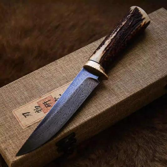 Damascus Feather Pattern Deer Antler Outdoor Camping Knife