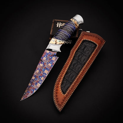BILIDC Handmade Forged Mosaic Damascus Steel Straight Knife