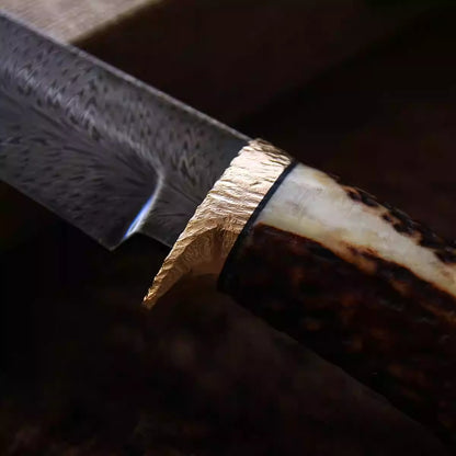 Damascus Feather Pattern Deer Antler Outdoor Camping Knife