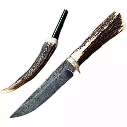 Damascus Feather Pattern Deer Antler Outdoor Camping Knife